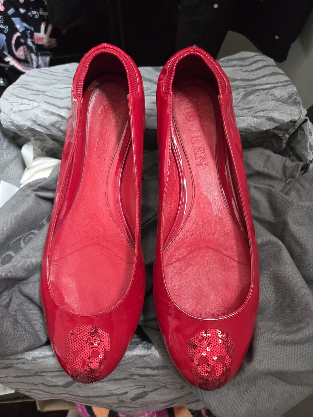 Alexander McQueen Red Sequin Skull Ballet Flats